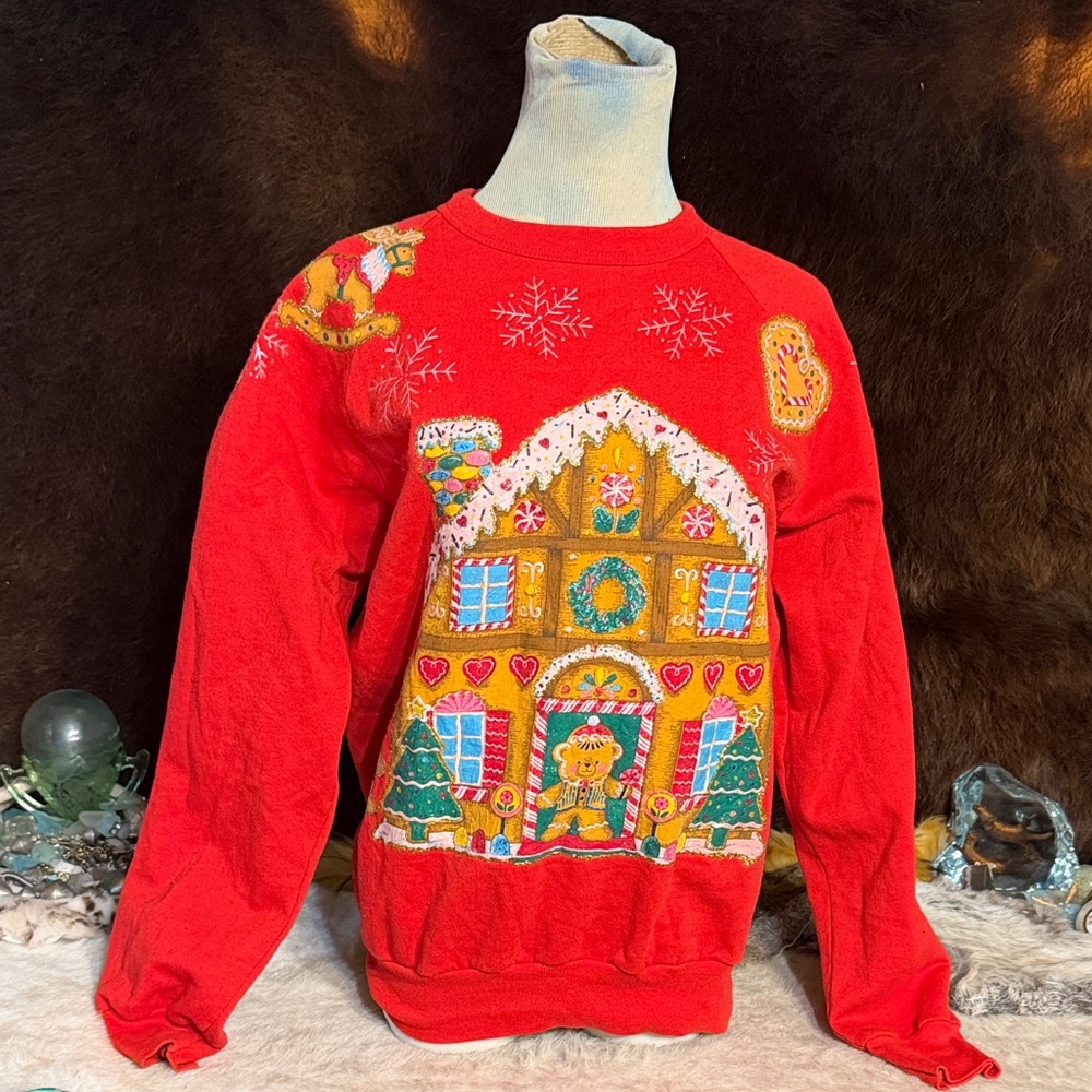 Vintage Red Gingerbread House Sweater L (4075)